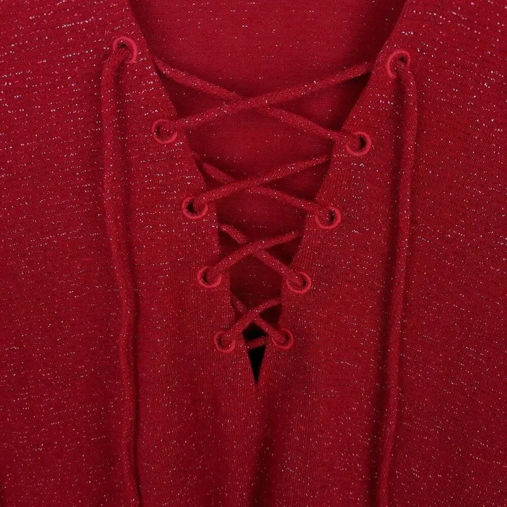 Reformation Lace Up Neck Silver Metallic Red Top